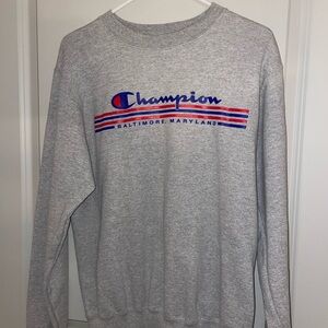Champion Gray Crewneck Sweater with Blue and Red Accents